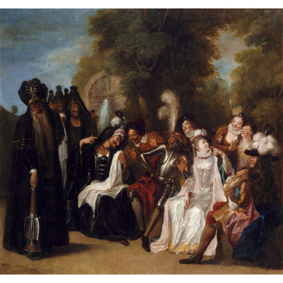 Charles Coypel (French, 1694−1752) The Distressed Countess Trifaldi, Afflicted by Her Beard, Implores Don Quixote to Avenge Her, probably 1716, Oil on canvas, 48 3/8 x 51 inches Palais Impérial de Compiègne; long-term loan from the Musée du Louvre, Paris (3575). Photo: © RMN-Grand Palais / Art Resource, NY