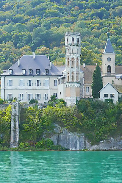View, from Lake Bourget, of Hautecombe Abbey, in Savoie