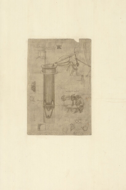 Leonardo da Vinci (1452-1519), Codice Atlantico (Codex Atlanticus), foglio 5 recto. Al centro, mantice; a destra, prospettografo (strumento ottico) con un uomo che vi osserva dentro. Copyright Veneranda Biblioteca Ambrosiana/Mondadori 
