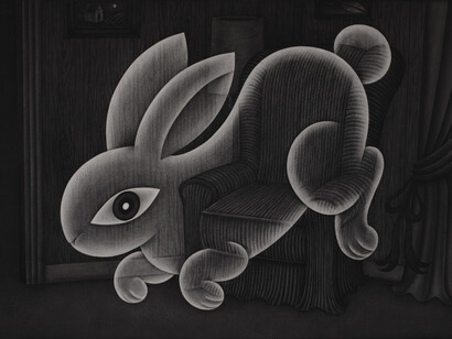 Angela Fang Zirbes, Ghost rabbit in living room, 2025. Courtesy of Hashimoto Contemporary