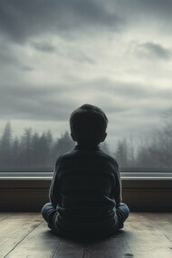 A boy sitting silently before a big window, capturing the stillness of existing in an in-between space