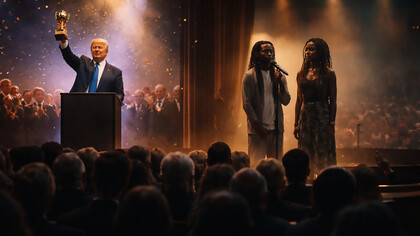 A ceremony of applause and silence: spectacle illuminated under stage lights, while a voice of resistance stands present yet unheard—revealing how power is celebrated as peace, and dissent is permitted only when it no longer disrupt