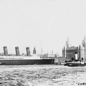 Lusitania alongside Liverpool landing stage c1911-14 - National Museums Liverpool; copyright unknown believed to be expired