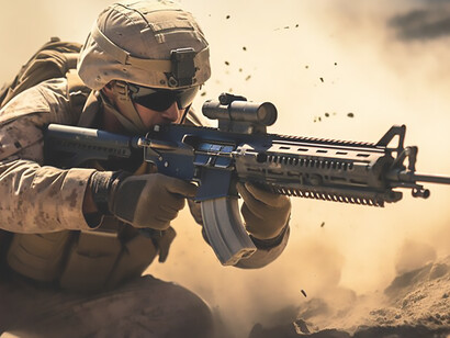 Side view of a soldier adorned in camouflage gear, projecting an aggressive and resolute presence, encapsulating a blend of anger and unyielding toughness