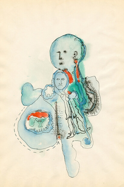 Mercy Hospital, 1969, Ink and watercolour on paper, 35.6 x 27.9 cm / 14 x 11 in © Ida Applebroog. Courtesy the artist and Hauser & Wirth. Photo: Emily Poole