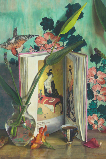 Weyers du Toit, Paper sparrow over hibiscus tea (detail). Courtesy of Knysna Fine Art 