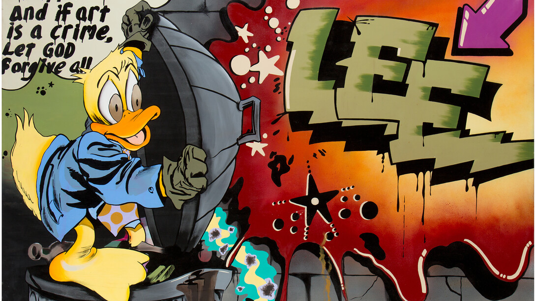 Howard the Duck by Lee Quiñones, 1988, oil on canvas, 58x88.” Courtesy of the Museum of the City of New York.  A vivid oil painting of the artist’s massive handball court mural, created 10 years earlier and since destroyed, at Corlears Junior High School on Manhattan’s Lower East Side.