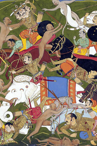 The Battle at Lanka, from the Ramayana by Sahibdin, portrays Rāma’s vānara army (top left) fighting Rāvaṇa, the demon-king of Lankā, to save the kidnapped Sītā. The scene also depicts Hanumān defeating the three-headed demon general Triṣira, shown at the bottom left