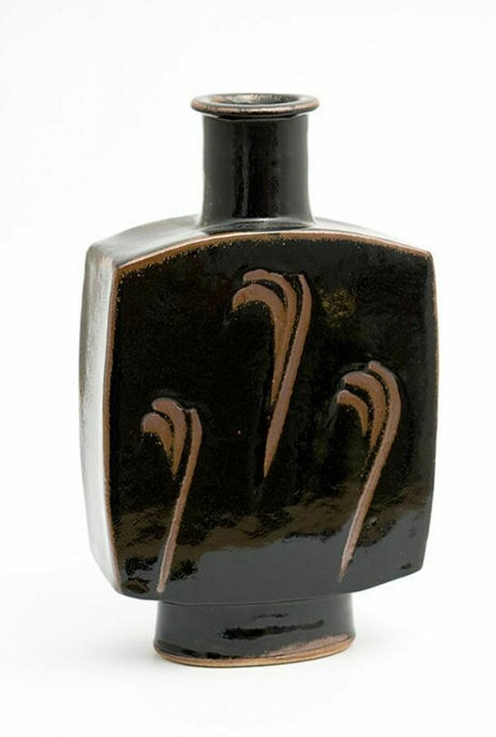 Jim Malone, Footed Slab Bottle, tenmoku glaze with finger wipe design
