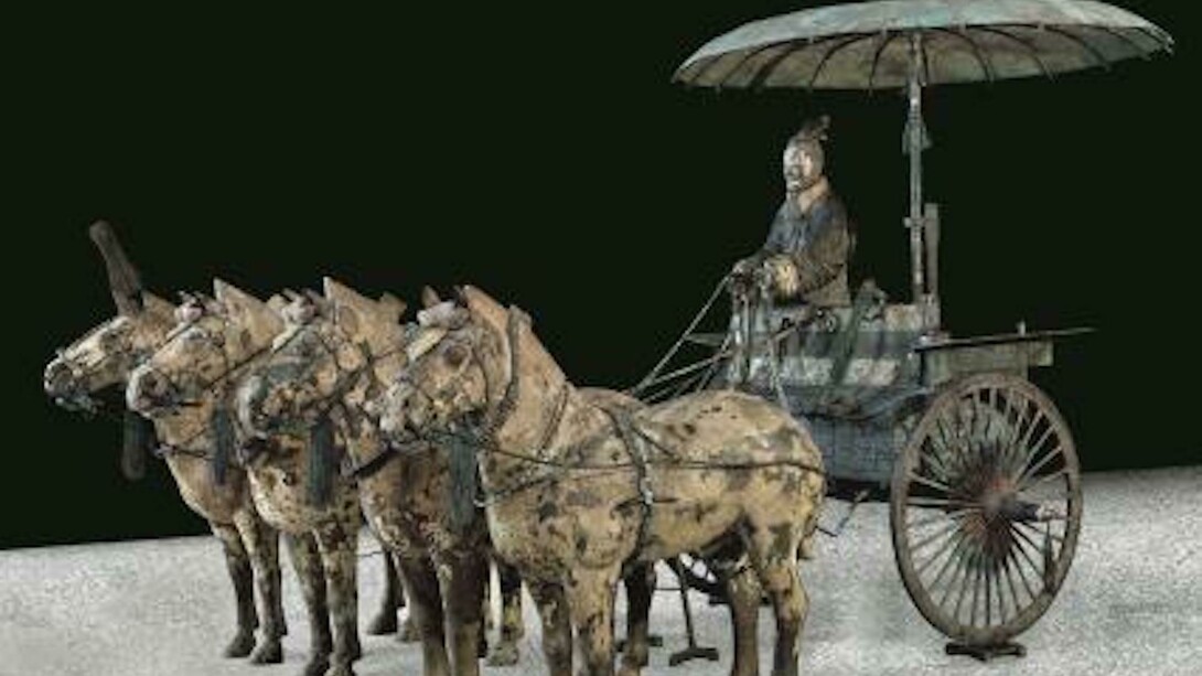Chariot Model (Modern Replica after Qin Originals), Qin dynasty (221–206 B.C.). Bronze with pigments, H. 59 in. (150 cm). Photo: Courtesy Qin Shihuangdi Mausoleum Site Museum, Lintong