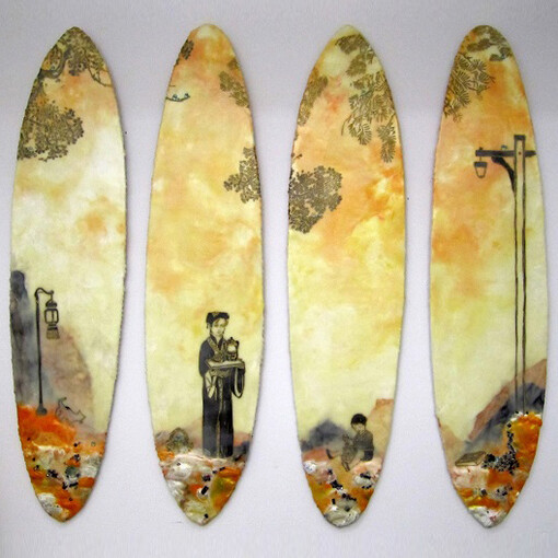 Cecile Chong, Different Light, Encaustic and mixed media on long board, 50x54 inches each, 2012. Cecile Chong courtesy of Bronx Museum of the Arts