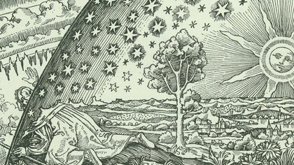 "Grabado Flammarion", donde "un misionero medieval dice que ha encontrado el punto donde el cielo y la Tierra se encuentran", grabado sobre madera, 1888