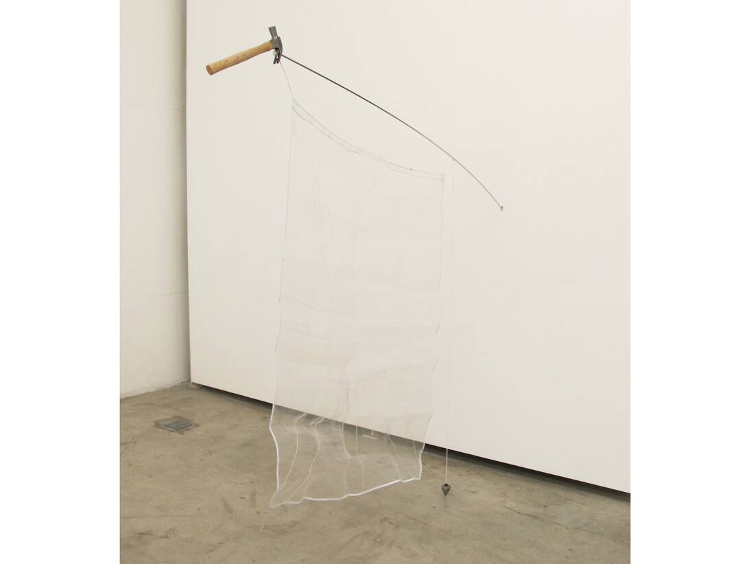 Jaime Lauriano, Pavilhão, 2012, Hammer, nail, embroidered fabric, bob and mason line, 100 x 185 x 120 cm, installation view