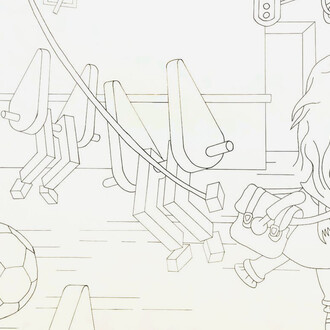 Lux Lindner, FAL del conscripto Juan Laguna vigila patio de juegos donde el Niño Mierda busca la Sala de Mapas, 2026. Courtesy of Nora Fisch Gallery