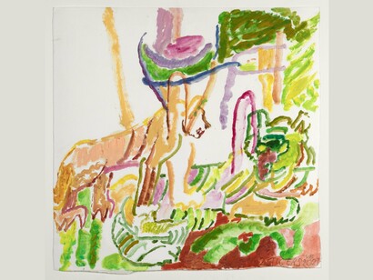 Victoria Bell, 2 Tigers, 2021,
oil and pencil on paper,
15 1/2 x 15 3/4 inches. Courtesy of the artist and Gerald Peters Contemporary