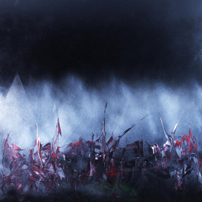 Maxim, Battlefield, 145x145cm, mixed media on board. Courtesy the artist and The Blender Gallery