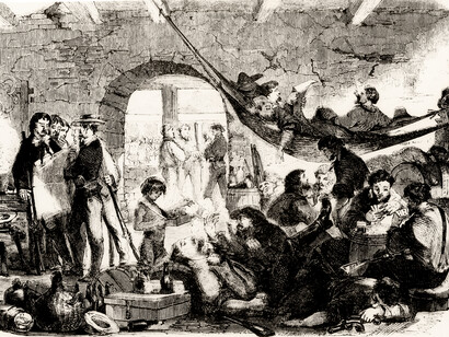 Filibusteros descansando en un templo de Granada. Fuente: «Frank Leslie᾽s Illustrated Newspaper»