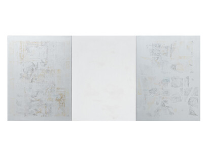 Hiroshi Tachibana, Photograph (Beckett and Mondrian), Photograph (Toy Horses), Photograph (Funazume Shrine), and Photograph (Uta and Kiki), 2014-15, Gel medium transfer, acrylic and gesso on linen, 122 x 274.3 cm