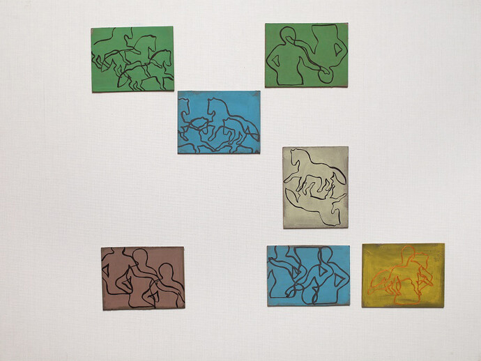 Laura Zeni, composizione Centaura, 2015, 7 acrilici su cartoncino 13 x 10 cm, cad plexiglass 60 x 70 cm