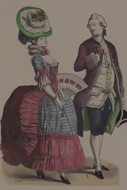 Drawing portraying people, clothing, and luxury displays from the 18th century