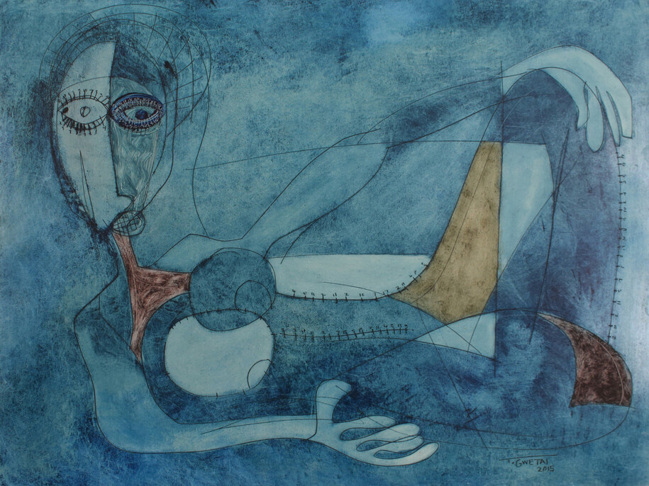 Tafadzwa Gwetai, Calculating woman, Mixed media on paper, 2015, 55cm x 42cm
