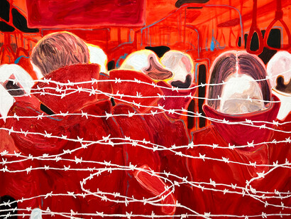 Xi Zhang,
The GMO Farm (detail), 2022.
Acrylic on canvas,
60 x 72 in (152.4 x 182.9 cm). Courtesy of the artist and Marc Straus Gallery