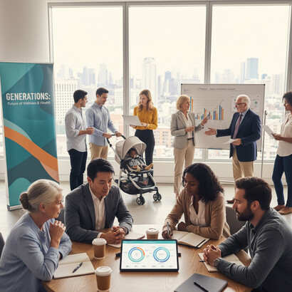 A diverse group spans generations in a modern office setting, focusing on a presentation about demographic trends, while a smaller team at the foreground analyzes data on a tablet, symbolizing the need for intergenerational planning and understanding the silver economy