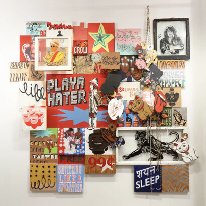 Navin Norling, Overdue Honor, 2004-2023, acrylic, spray paint, ink, chain and collage on glass and wood panel, 127x125 inches. Courtesy the artist and Johnson Lowe Gallery