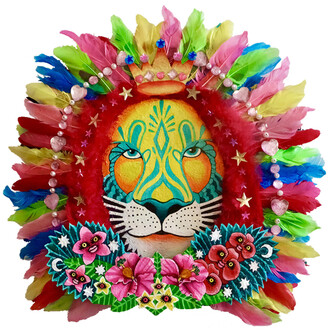 Kumi Hirose, Lion of the earth, 2023, acrylic, acrylic jewels, and feathers on canvas, 19×18 inches. Courtesy the artist and Space 776, NYC