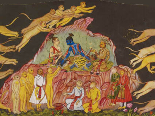 A Mewar Ramayana manuscript folio illustrating Sugriva sending his monkey army to find Sita and Rama giving Hanuman his ring as a sign of recognition