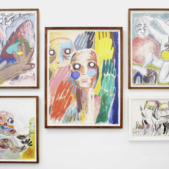 Mathew Sawyer, ‘Sleep Dreamt a Brother’, 2014, ‘Part 1’ (centre), Oil and acrycli on paper, 83 x 64 cm, ‘Part 2’ (top, left), Oil, charcoal, acrylic on paper, 65.5 x 48 cm, ‘Part 3 (bottom, left), Watercolour and gouache on paper, 56 x 38 cm, ‘Part 4’(top, right), Charcoal and acrylic on paper, 65.5 x 48 cm, ‘Part 5’ (bottom, right), Charcoal and oil pastel on paper, 36 x 48 cm, Photo: Lee James Thompson
