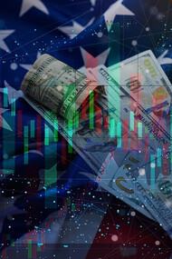 A stock market chart displayed over the American flag, symbolizing the intersection of financial trends and national economy