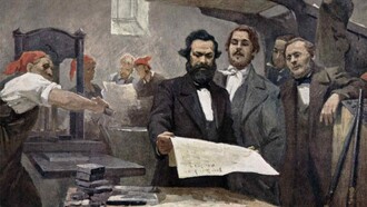 E. Capiro, Karl Marx y Engels en la imprenta del Neue Rheinische Zeitung, 1848