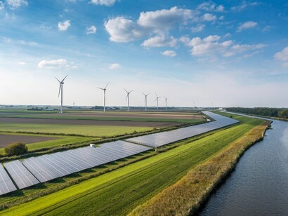 Wind turbines producing renewable electricity in a lakeshore wind park