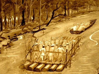 Combatientes en canoas y balsas hechizas. Dibujo: Carlos Aguilar Durán
