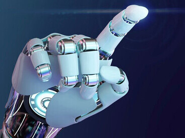 AI robot hand pointing in the background, showcasing advanced artificial intelligence technology