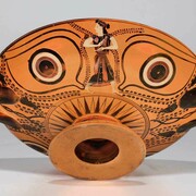 Attributed to the Group of Walters 48.42 (Attic, Greek), Attic Black-Figure Eye Cup, c. 510 B.C.E., Terracotta, 4 1/8 x 14 1/2 x 11 1/2 inches. Collection of Middlebury College Museum of Art. Purchase with funds provided by the Christian A. Johnson Memorial Art Acquisition Fund and the Memorial Art Fund, 2012.001