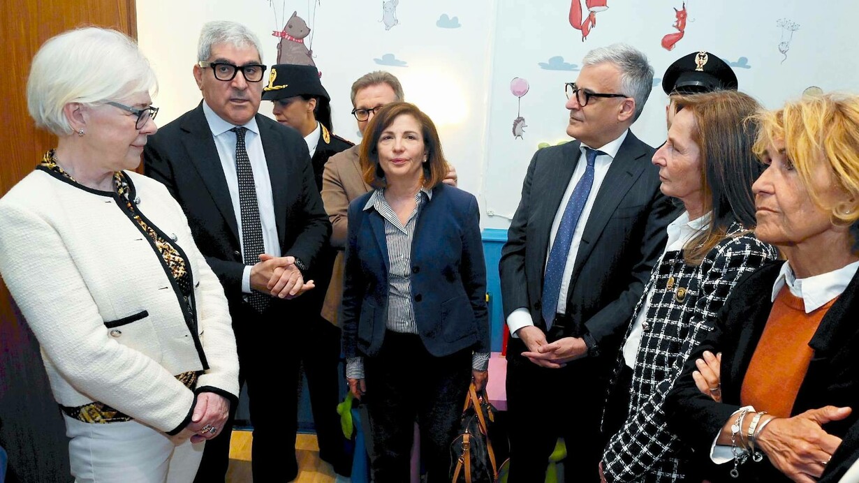 L'inaugurazione della “stanza per sé”. Da sinistra: la Presidente di Soroptimist Europa Hafdís Karlsdóttir, il Questore Bruno Megale, la Procuratrice aggiunta Letizia Mannella, il Prefetto Claudio Sgaraglia, la Presidente di Soroptimist International d'Italia Adriana Macchi