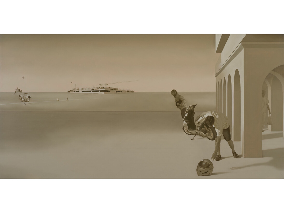 Guillaume Bresson, Sans titre, 2014, Huile sur panneau de bois, 122 x 240 cm (48 x 94 1/2 in.), Courtesy Galerie Nathalie Obadia, Paris/Bruxelles