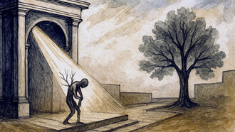 An abstract ink and watercolor illustration depicting the tension between structure and freedom—where rigid architectural forms dissolve into flowing, organic shapes, symbolizing the transformation of obedience into becoming