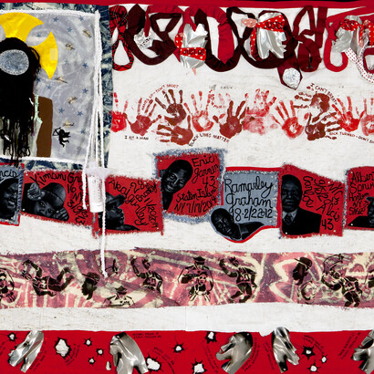american Juju for the Tapestry of Truth, 2015
Mixed media on a textile impregnated on the spot in Staten Island where Eric Garner died while being placed under arrest. Created by artists from the Harlem Needle Arts cultural arts institute: Sahara Briscoe, Laura R. Gadson, and Jerry Gant, under the direction of Michelle Bishop, 66 x 98 inches