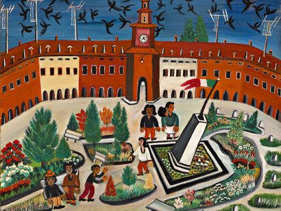 Bruno Rovesti, La piazza di Gualtieri, 1961, olio su faesite, cm 56 x 65. Courtesy of Museo Antonio Ligabue