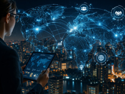 A professional interacts with a digital world map, illustrating the growing influence of data-driven innovation in a globally connected economy