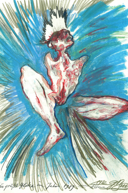 Günter Brus, 
Brus grüßt Blake im Jahr 1979 (detail), 1982.
Photo: UMJ/N. Lackner. 
Courtesy of the artist and BRUSEUM/Neue Galerie, UMJ.
© Günter Brus