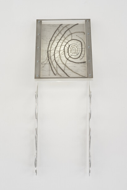 Xin Liu, Fortune Tellers: Maze, 2023, artist’s DNA data printed on rice paper, thread, acrylic, ink, aluminum, LED lights, latex, chains, and steel, 24 x 8½ x 7½ inches. Courtesy of the artist and Make Room, LA 