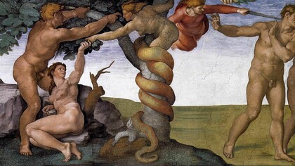 Pintura de Michelângelo retrata a expulsão do paraíso, na Capela Sistina, Vaticano. A interação entre o cristianismo e as culturas indígenas resultou na construção de uma nova mentalidade coletiva, onde a noção de pecado e o dualismo bem/mal desempenharam papeis centrais