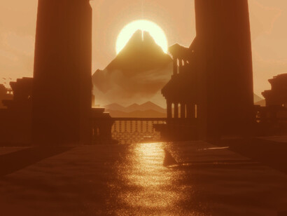 Screenshot de "Journey", en el que el jugador se embarca en un viaje emocional y espiritual a través de un vasto desierto