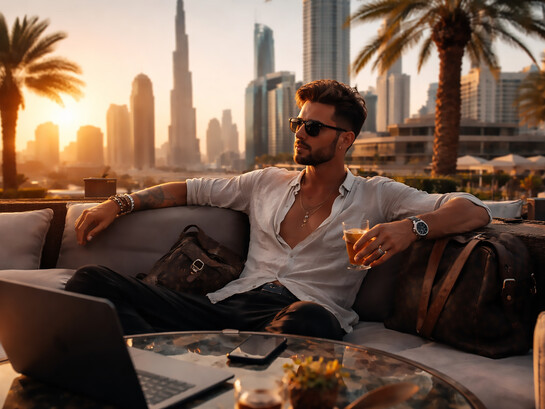 A charismatic creative professional relaxes on a luxury rooftop overlooking a global city skyline, projecting the polished lifestyle and effortless mobility that often mask the hidden financial and emotional architectures behind carefully curated personal brands