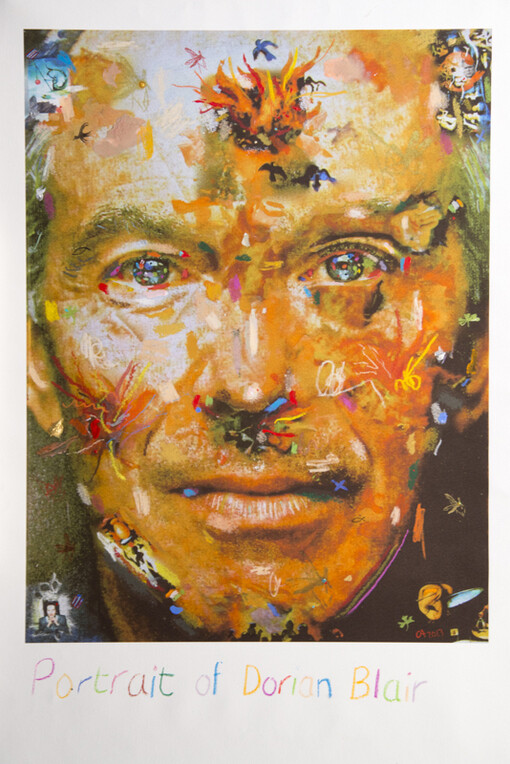Conrad Atkinson, Portrait of Dorian Blair, 2012, hand-coloring, glitter, collage on print, 26 ½ x 20 inches. Courtesy of Ronald Feldman Fine Arts, New York