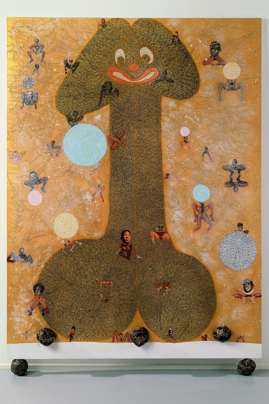 Chris Ofili, Pimpin' ain't easy, 1997. Oil, polyester resin, paper collage, glitter, map pins, and elephant dung on linen, 96 x 72 in (243.8 x 182.8 cm). Courtesy the artist, David Zwirner, New York/London, and Contemporary Fine Arts, Berlin. ©Chris Ofili